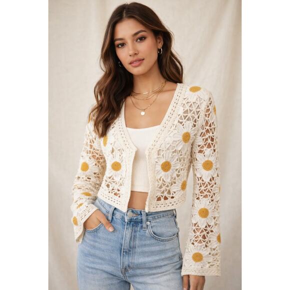 moon & madison Sweaters - Moon & Madison Daisy Crochet Cardigan NWT Boho Granny Square Floral Size L